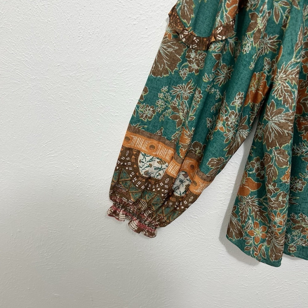 Current Air Teal Floral Puff-Sleeve Blouse with Brown Accents - Picture 7 of 11